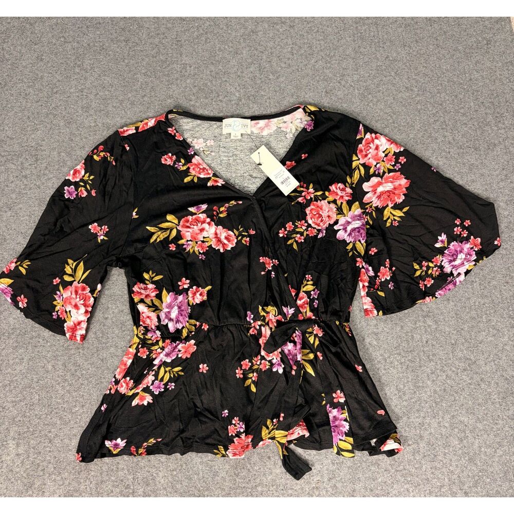 Jun & Ivy Floral Wrap Blouse Black Multicolor Tie Waist Peplum Top L NWT